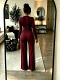 Women Autumn/Winter Solid Long-sleeve Top + Patchwork Wide-leg Pants Two-piece Set
