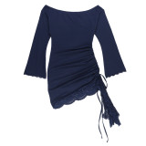 Women Sexy Off Shoulder Lace Trim Drawstring Bodycon Dress