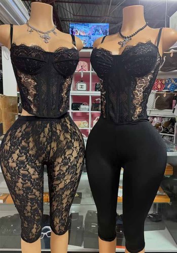 Women’s Sexy Lace Strap Corset Top and Capri Pants Set