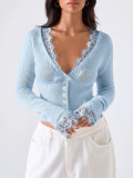 Women Autumn V Neck Sexy Lace Trim Button Knitting Long Sleeve T-Shirt
