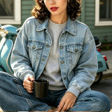 Women Autumn Printed Turndown Collar Denim Jacket