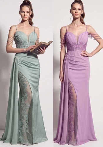 Women’s Formal Party Beaded Satin Strap Chiffon Patchwork Maxi Dress with Mesh Ribbon Details