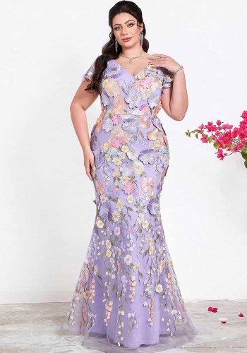 Plus Size Women Purple V-Neck Short Sleeve Floral Embroidered Mermaid Formal Party Evening Dress