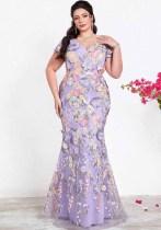 Plus Size Women Purple V-Neck Short Sleeve Floral Embroidered Mermaid Formal Party Evening Dress Plus Size Women Purple V-Neck Short Sleeve Floral Embroidered Mermaid Formal Party Evening Dress