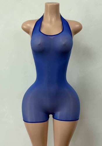 Women’s High Stretch Shiny Mesh Halter Neck See Through Bodycon Jumpsuit