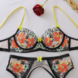 Women See-Through Multi-Color Floral Embroidery Patchwork Mesh Lingerie Two Pieces