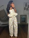 Women Spring Floral Sleeveless Ruffle Top and Long Pant Two Piece Set