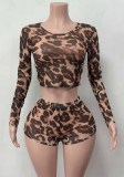 Women’s Leopard Print Short Sleeve Bodycon Crop Top and High Waist Shorts Set