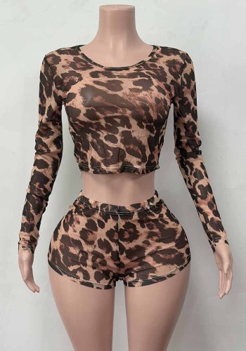 Women’s Leopard Print Short Sleeve Bodycon Crop Top and High Waist Shorts Set