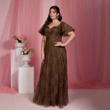 Plus Size Women Square Neck Pleated Mesh Embroidered Long Wedding Formal Party Evening Dress