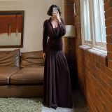 Women Early Autumn Solid Elegant V Neck Dress