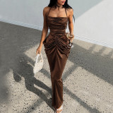 Women Strapless Ruched Slit Mermaid Maxi Dress