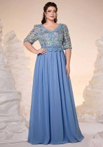 Women V-Neck Half-Sleeve Lace Patchwork Chiffon Elegant Evening Dress
