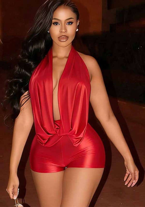 Women’s Summer Solid Color Halter Neck Low Back Tie Front Romper