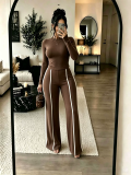 Women Autumn/Winter Solid Long-sleeve Top + Patchwork Wide-leg Pants Two-piece Set