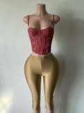 Women Sexy Boned Corset Tank Top and Capri Pant Two Piece Set