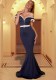 Women’s Navy Blue and White Off Shoulder Formal Party Mermaid Maxi Dress with Ruffle Sleeves and Rhinestone Square Belt