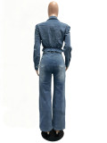 Women Casual Multi-Pocket Washed Denim Top and Pant Two Piece Set