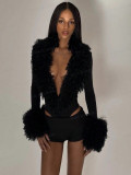 Women Autumn Sexy V Neck Fur Collar Long Sleeve Bodysuit