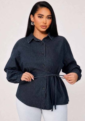 Women’s Summer Washed Denim Tie Front Loose  Shirt