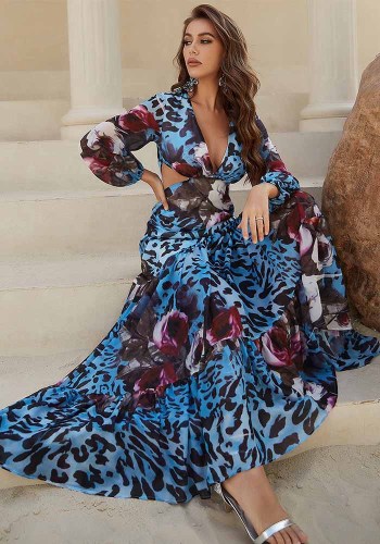 Women’s Spring Summer Leopard Print Long Sleeve Chiffon Deep V Neck and Waist Cutout Maxi Dress