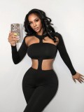 Women Sexy Solid Cutout Long Sleeve Jumpsuit