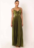 Women Summer Pleated Strap Backless Solid Dress