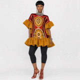 Women’s Holiday Plus Size Printed Bell Sleeves Pleated Mini Dress