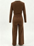 Women Autumn/Winter Solid Long-sleeve Top + Patchwork Wide-leg Pants Two-piece Set