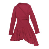 Women Burgundy Long Sleeve High Neck Irregular Ruffle Hem Dress