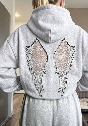 Women Autumn Winter Casual Hooded Cutout Embroidery Wing Long Sleeve Top