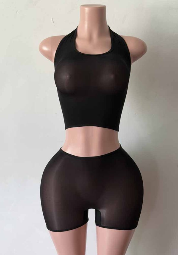 Women’s High Stretch Shiny Mesh Halter Neck See Through Two Piece Shorts Set