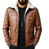 Men Fleece Lined Winter Turndown Collar Pu-Leather Jacket