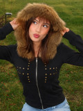 Women’s Fall Winter Streetwear Cropped Slim Fit Zip Up Hoodie Jacket with Rivet Details and Faux Fur Collar