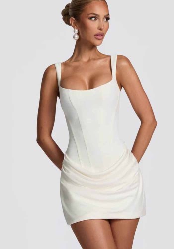 Women Sexy Pleated Boned Strap Lace-Up Backless Bodycon Dress