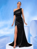 Women’s Elegant Black Satin Slash Shoulder Evening Gown for Formal Parties