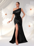 Women’s Elegant Black Satin Slash Shoulder Evening Gown for Formal Parties