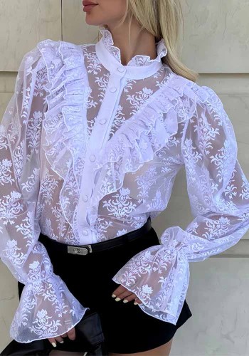Women Spring Autumn Elegant Lace Stand Collar Ruffle See-Through Top