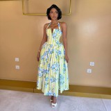 Women Summer Printed V Neck Halter Neck Lace-Up Maxi Dress