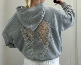Women Autumn Winter Casual Hooded Cutout Embroidery Wing Long Sleeve Top