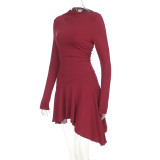 Women Burgundy Long Sleeve High Neck Irregular Ruffle Hem Dress