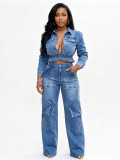 Women Casual Multi-Pocket Washed Denim Top and Pant Two Piece Set