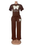 Women’s Plus Size Casual Beaded Butterfly Short Sleeve Top and Wide Leg Pants Set