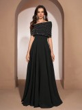 Women Solid Chiffon Beaded Patchwork Dress