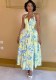 Women Summer Printed V Neck Halter Neck Lace-Up Maxi Dress