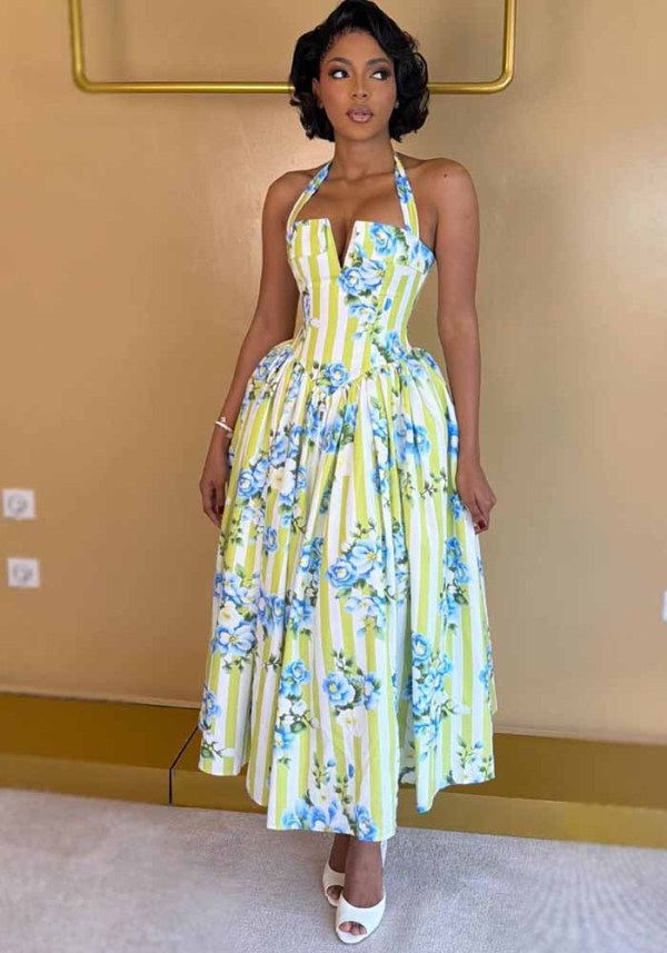 Women Summer Printed V Neck Halter Neck Lace-Up Maxi Dress