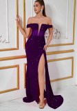 Women’s Sequin Velvet Patchwork Off Shoulder High Side Slit Evening Dress