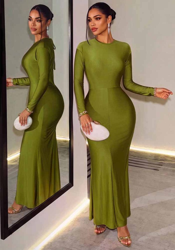 Women Long Sleeve Round Neck Backless Tie Pleated Bodycon Dress