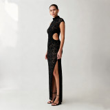 Women Lace Cutout Slit Dress Slash Shoulder Dress