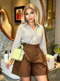 Women’s Plus Size Turn Down Collar Striped Shirt and Tailored Shorts Set